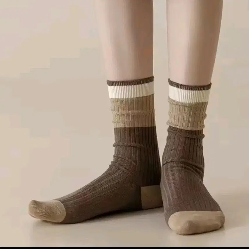 [BUNJANG] Striped Ribbed Socks 5-Pair Set / 줄무늬 골지 양말 5켤레 세트