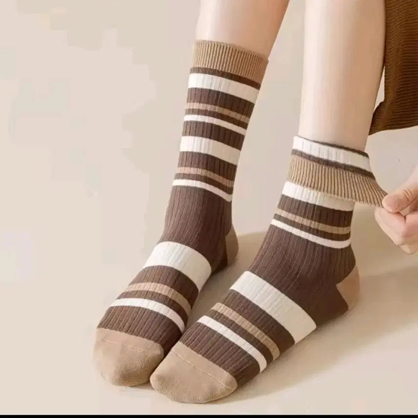 [BUNJANG] Striped Ribbed Socks 5-Pair Set / 줄무늬 골지 양말 5켤레 세트