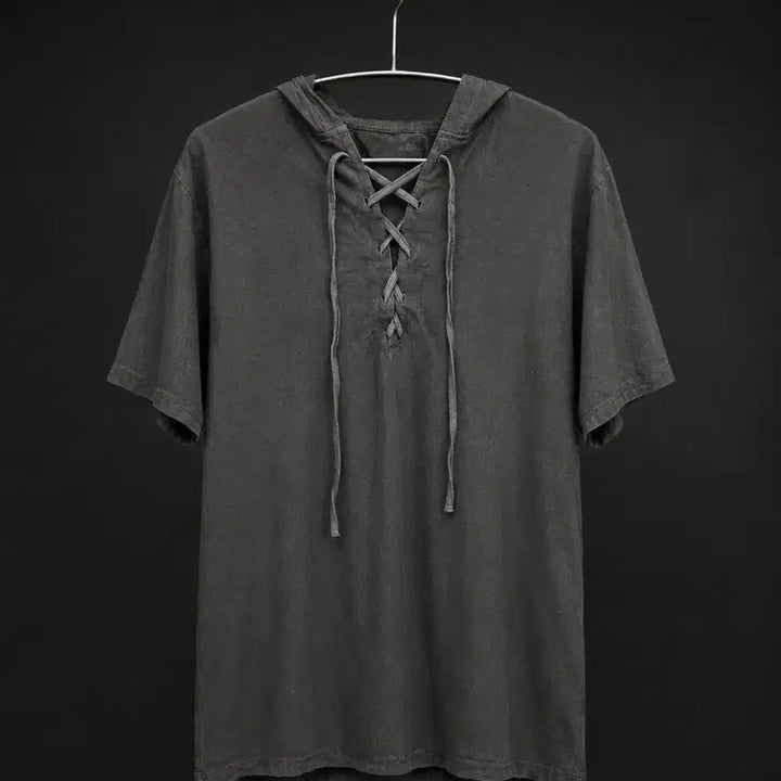[BUNJANG] Hooded Lace-Up Short Sleeve T-Shirt / 후드 레이스업 반팔 티셔츠