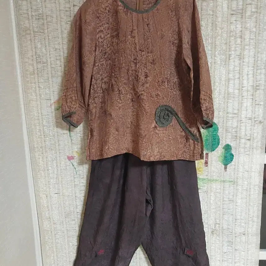 [BUNJANG] Natural Dyeing Indigen Silk Brown Top and Bottom Set / 천연염색 인견 브라운 상의 하의 세트
