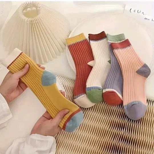 [BUNJANG] 5 Pairs of Random Colored Ribbed Socks / 컬러 골지 양말 5쌍 렌덤