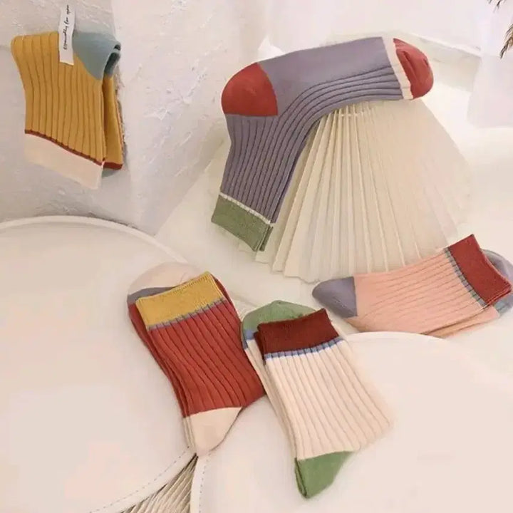[BUNJANG] 5 Pairs of Random Colored Ribbed Socks / 컬러 골지 양말 5쌍 렌덤