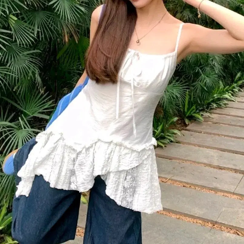 [BUNJANG] Knot Detail Asymmetrical Camisole White / 나비매듭 노트 비대칭 캐미솔  화이트