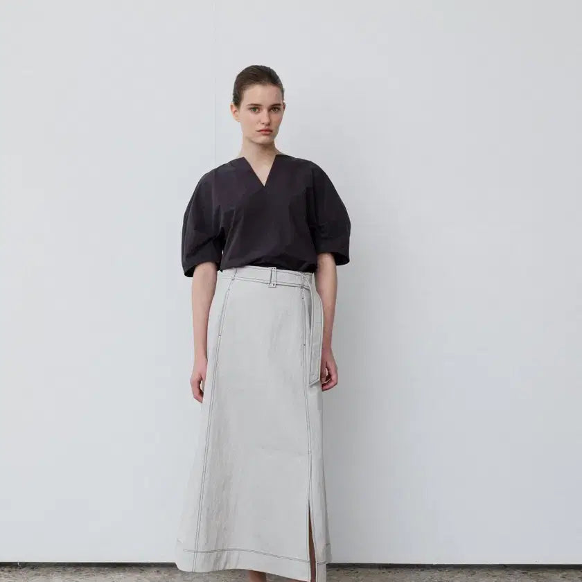 [BUNJANG] RRACE Stitch Belted Long Flare Cotton Skirt Ecru Ivory / RRACE 레이스 스티치 벨티드 롱 플레어 코튼 스커트 에크루 아이보리