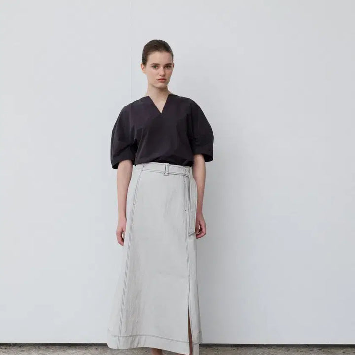 [BUNJANG] RRACE Stitch Belted Long Flare Cotton Skirt Ecru Ivory / RRACE 레이스 스티치 벨티드 롱 플레어 코튼 스커트 에크루 아이보리