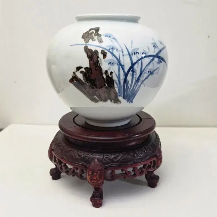 [BUNJANG] Songjeong Ceramics Seo Ssangsu White Porcelain Celadon &amp; Iron Orchid Moon Jar / *송정도예 서쌍수 백자청화 철화 난초문 달항아리