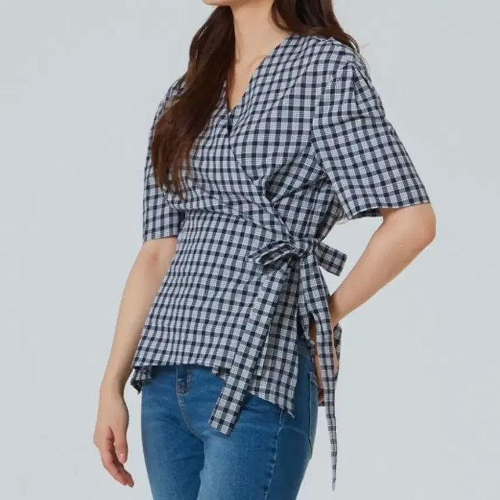 [BUNJANG] MIXXO Puff Wrap Check Blouse Women&