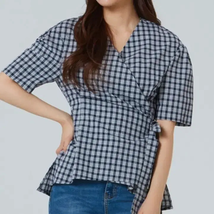 [BUNJANG] MIXXO Puff Wrap Check Blouse Women&