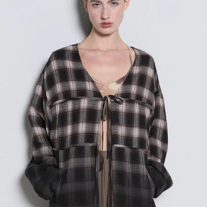 [BUNJANG] Breathingrule Shear Check Cardigan Brown Ombre / 브리딩룰 breathingrule 시어 체크 셔츠 가디건 브라운 옴브레