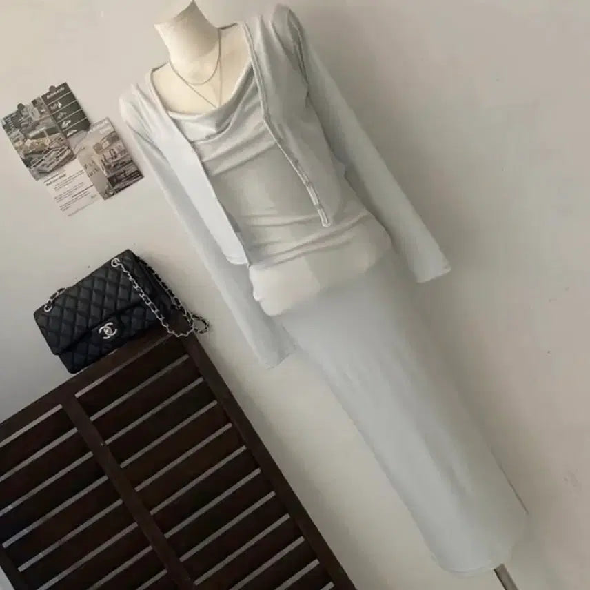 [BUNJANG] Drape Slip Cardigan Dress Set / 드레이프 슬립 가디건 원피스 세트