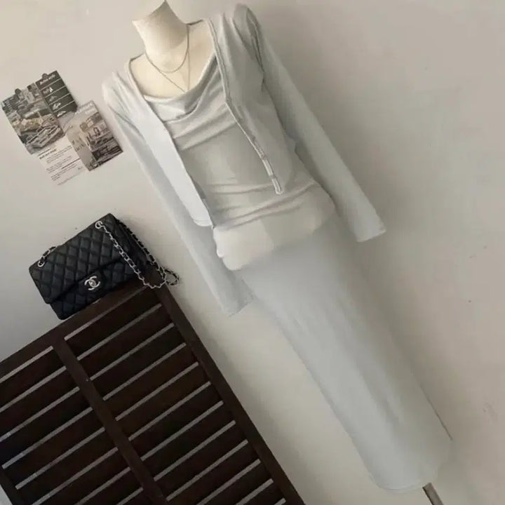 [BUNJANG] Drape Slip Cardigan Dress Set / 드레이프 슬립 가디건 원피스 세트