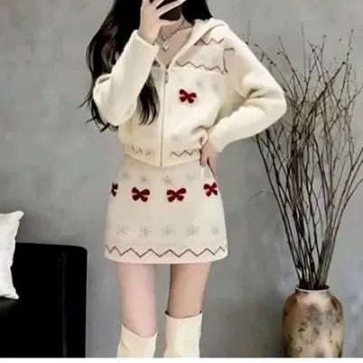 [BUNJANG] Ribbon Knit Hood Zip-Up Skirt Two-Piece Set / 리본 니트 후드집업 스커트 투피스 세트