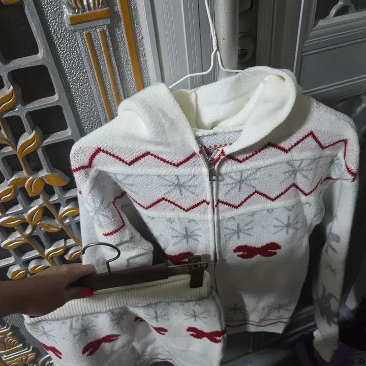 [BUNJANG] Ribbon Knit Hood Zip-Up Skirt Two-Piece Set / 리본 니트 후드집업 스커트 투피스 세트