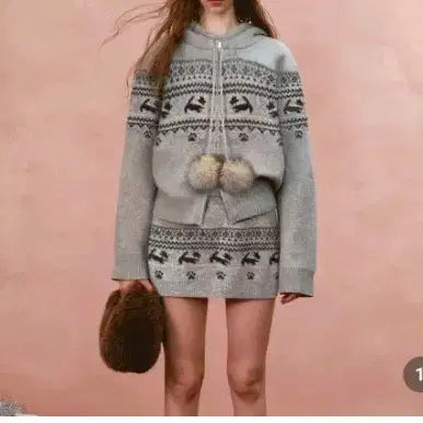 [BUNJANG] Nordic Knit Hooded Zip-Up Skirt Set / 노르딕 니트 후드집업 스커트 셋업