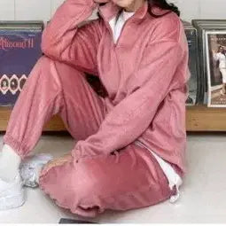 [BUNJANG] Pink Corduroy Fleece Training Suit Set / 핑크 코듀로이 기모 트레이닝복 세트