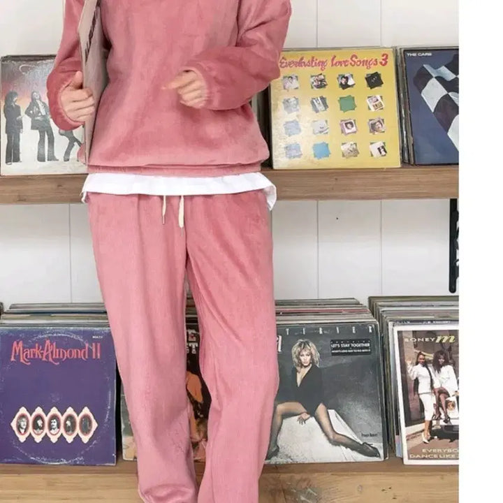 [BUNJANG] Pink Corduroy Fleece Training Suit Set / 핑크 코듀로이 기모 트레이닝복 세트