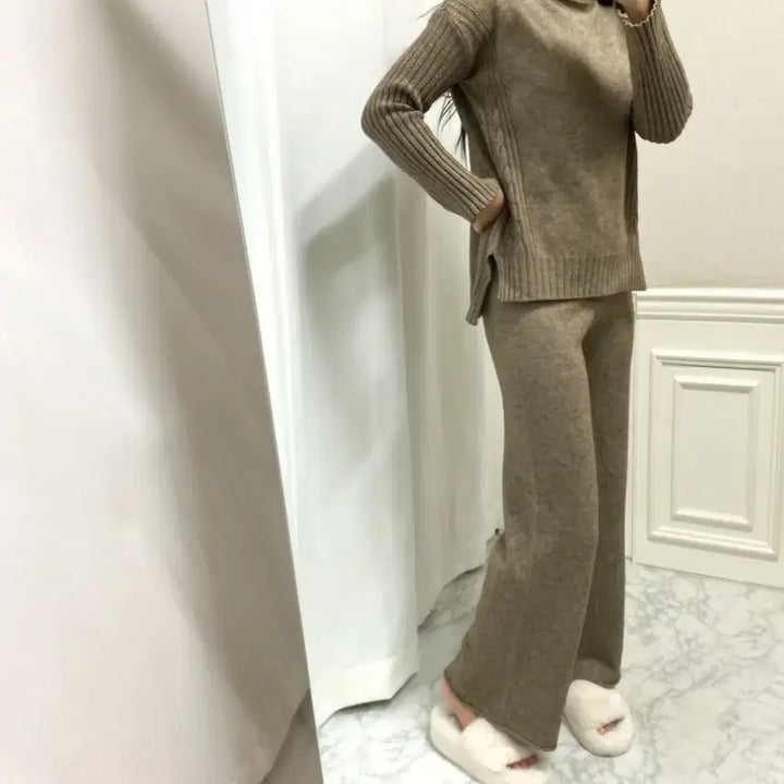 [BUNJANG] Knit Turtleneck Top and Bottom Set / 니트 터틀넥 상하의 세트