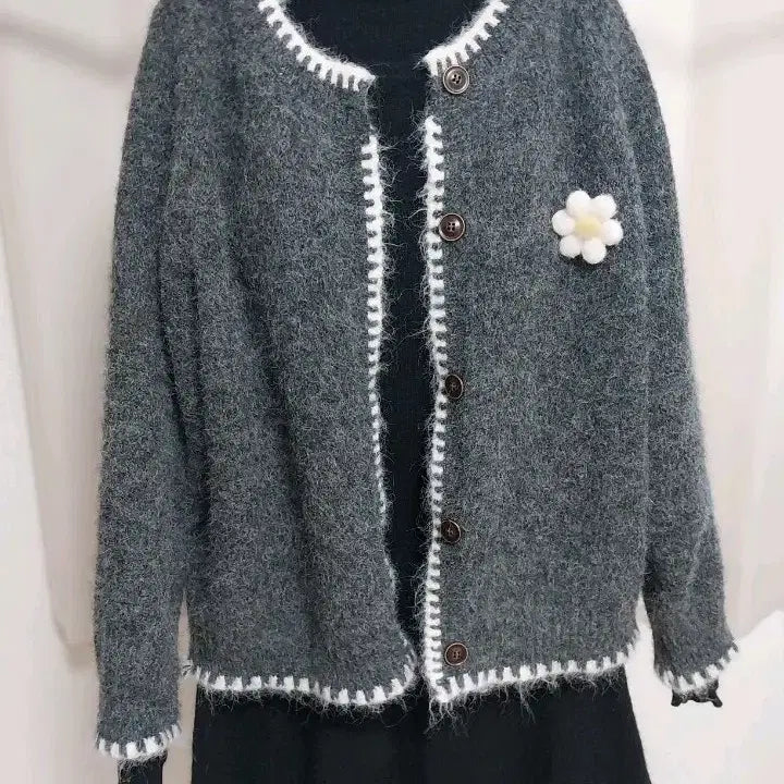 [BUNJANG] Gray Knit Cardigan + Black Dress Set / 회색 털실 가디건 + 블랙원피스