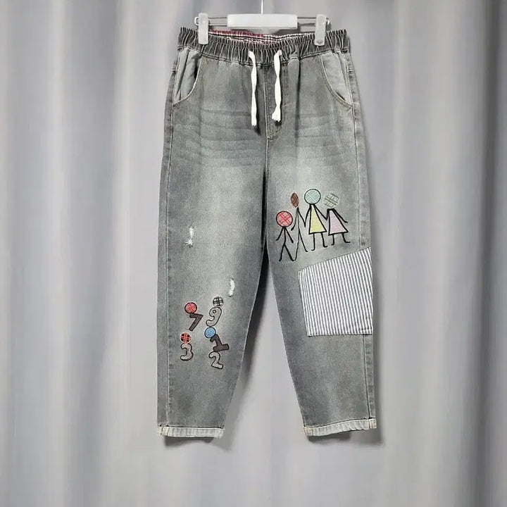 [BUNJANG] Embroidered Striped Patchwork Denim Jeans / 자수 스트라이프 패치워크 데님