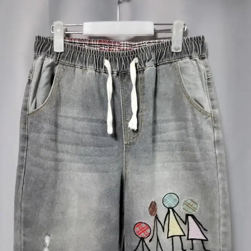 [BUNJANG] Embroidered Striped Patchwork Denim Jeans / 자수 스트라이프 패치워크 데님