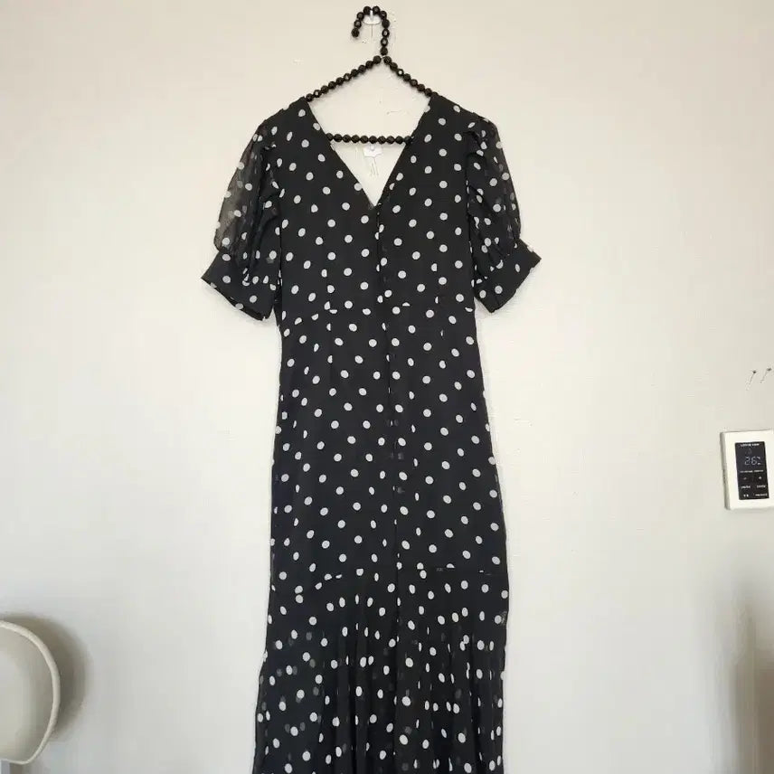 [BUNJANG] Black Polka Dot Short Sleeve Long Dress / 블랙 도트 반팔 롱 원피스