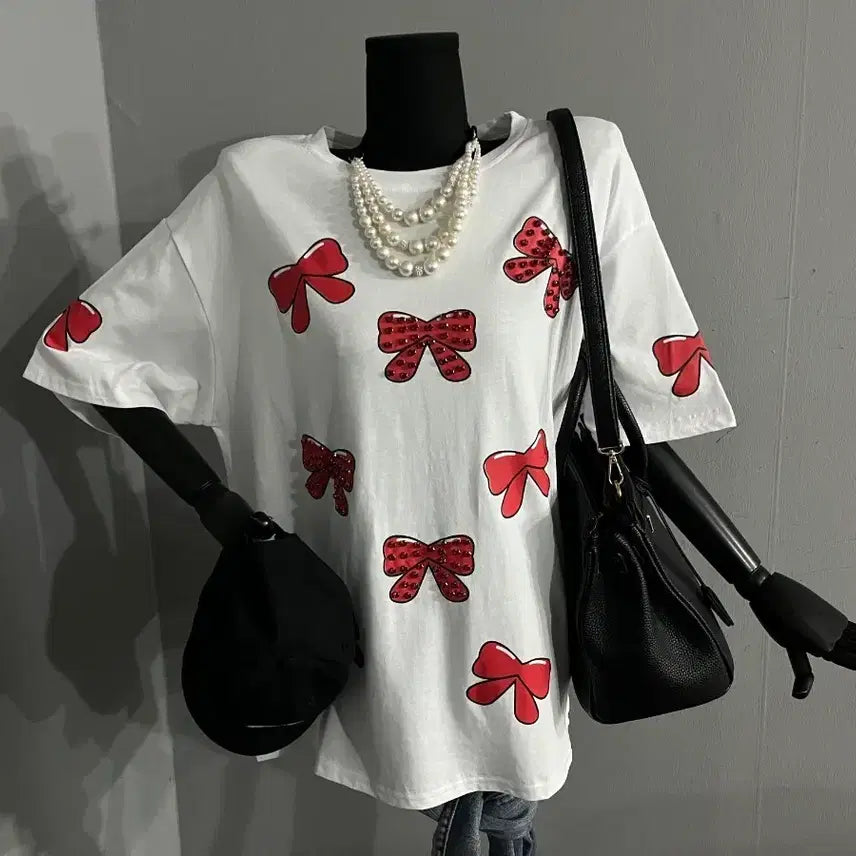 [BUNJANG] Red Ribbon Bling Cubic Oversized T-Shirt / 레드리본박시티/블링큐빅박시/박스티셔츠