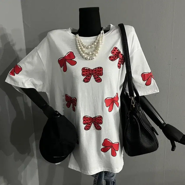 [BUNJANG] Red Ribbon Bling Cubic Oversized T-Shirt / 레드리본박시티/블링큐빅박시/박스티셔츠
