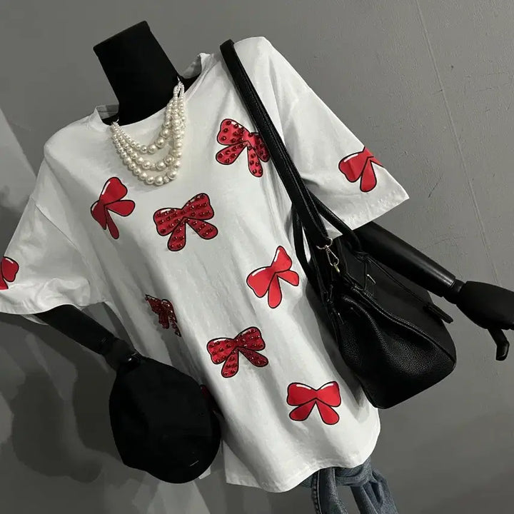 [BUNJANG] Red Ribbon Bling Cubic Oversized T-Shirt / 레드리본박시티/블링큐빅박시/박스티셔츠
