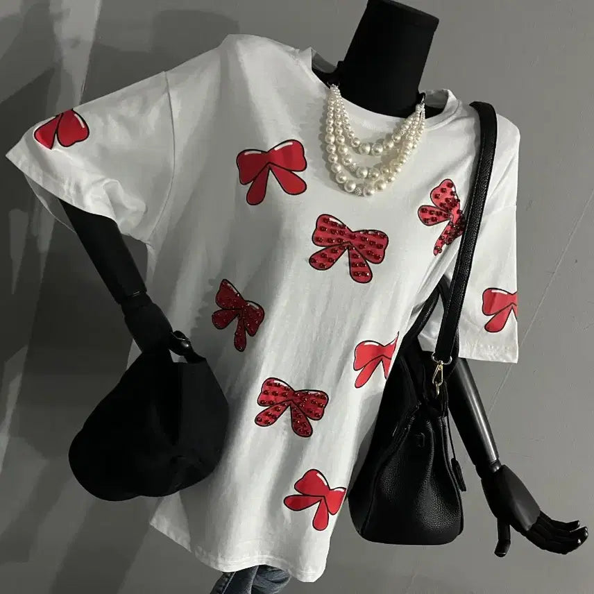 [BUNJANG] Red Ribbon Bling Cubic Oversized T-Shirt / 레드리본박시티/블링큐빅박시/박스티셔츠