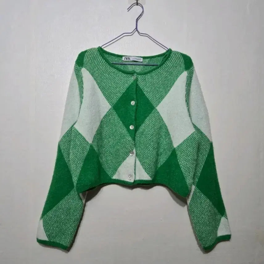 [BUNJANG] ZARA Argyle Pattern Jacquard Knit Crop Cardigan Green M / 자라 ZARA 아가일 패턴 다이아몬드 자카드 니트 크롭 가디건 그린 m