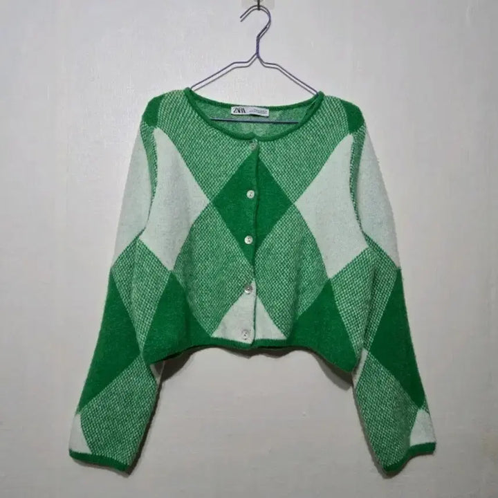[BUNJANG] ZARA Argyle Pattern Jacquard Knit Crop Cardigan Green M / 자라 ZARA 아가일 패턴 다이아몬드 자카드 니트 크롭 가디건 그린 m