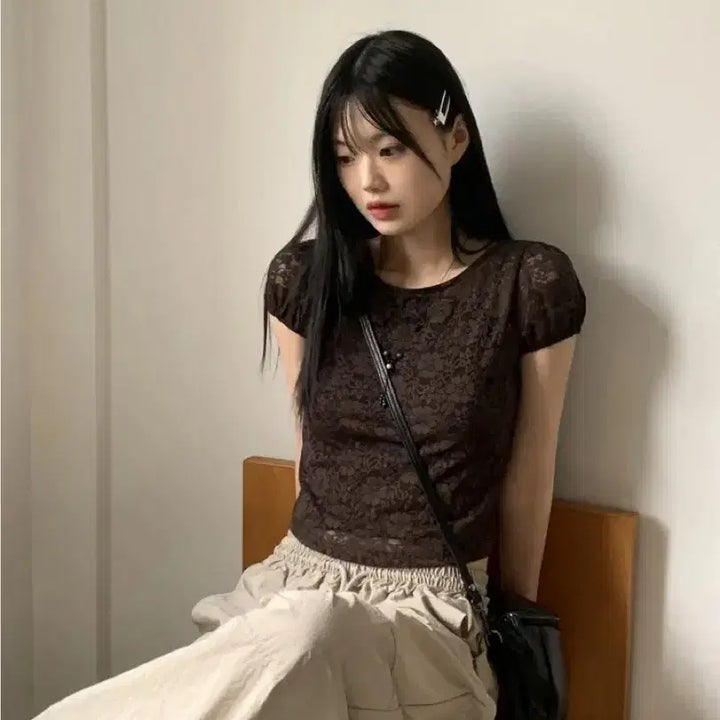 [BUNJANG] Sheer Lace Puff Short Sleeve Blouse / 시스루 레이스 퍼프 반팔