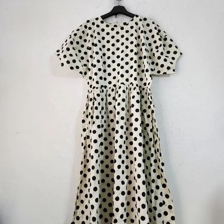 [BUNJANG] Ivory Black Dot Short Sleeve Long Dress / 아이보리 블랙 도트 반팔 롱 원피스