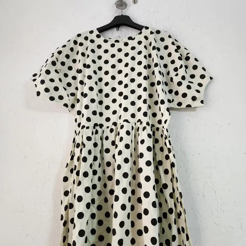 [BUNJANG] Ivory Black Dot Short Sleeve Long Dress / 아이보리 블랙 도트 반팔 롱 원피스