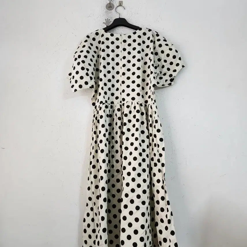 [BUNJANG] Ivory Black Dot Short Sleeve Long Dress / 아이보리 블랙 도트 반팔 롱 원피스