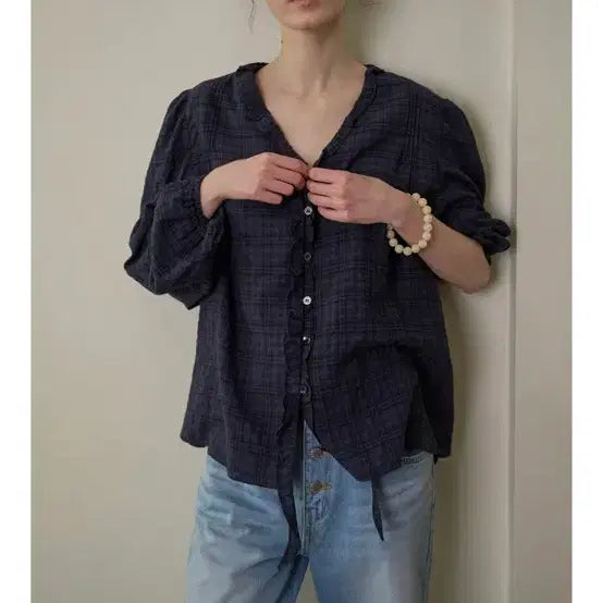 [BUNJANG] Without Summer Ruffle Shirring Blouse / 위드아웃썸머 ruffle shirring blouse _check