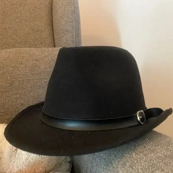 [BUNJANG] Classic Black Fedora Hat with Leather Belt Detail / 블랙 중절모