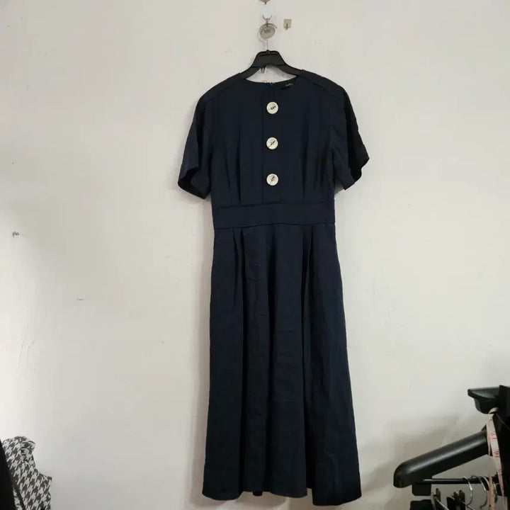 [BUNJANG] Navy Short Sleeve Long Dress with Button Detail / 네이비 반팔 롱 원피스 버튼 장식