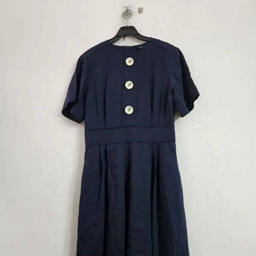[BUNJANG] Navy Short Sleeve Long Dress with Button Detail / 네이비 반팔 롱 원피스 버튼 장식