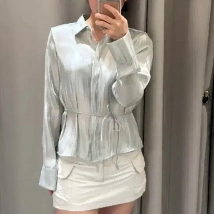 [BUNJANG] Zara Satin Shirt Blouse Mint / 자라 반짝이 장식 셔츠 새틴셔츠 민트 품절대란 블라우스