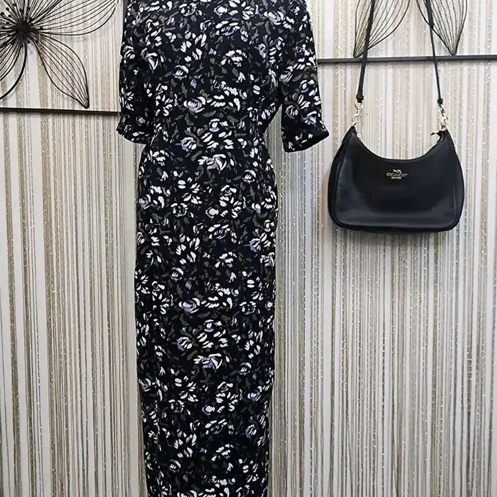 [BUNJANG] Black Floral Pattern Long Dress / 보라 플라워 패턴 블랙 롱 원피스