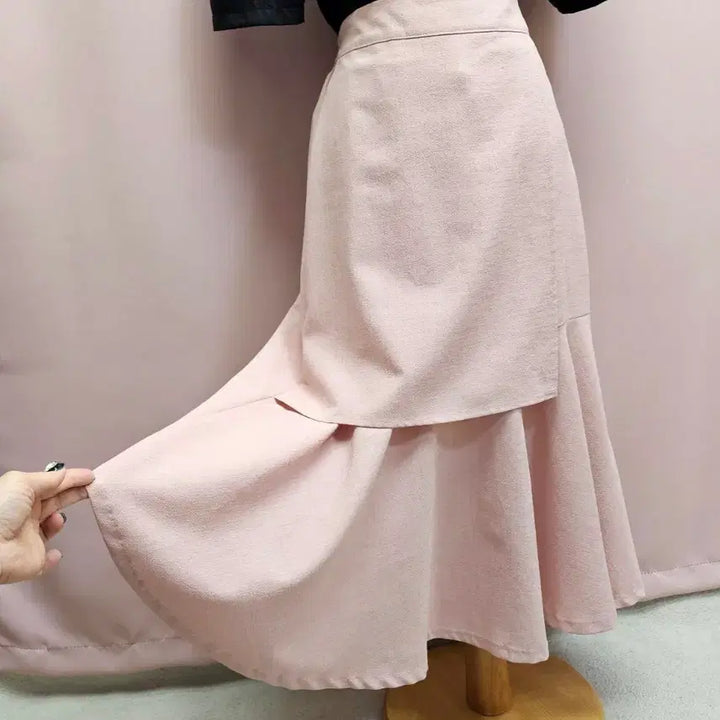 [BUNJANG] Light Pink Asymmetrical Frill Long Skirt / 연핑크 언발 프릴 롱스커트