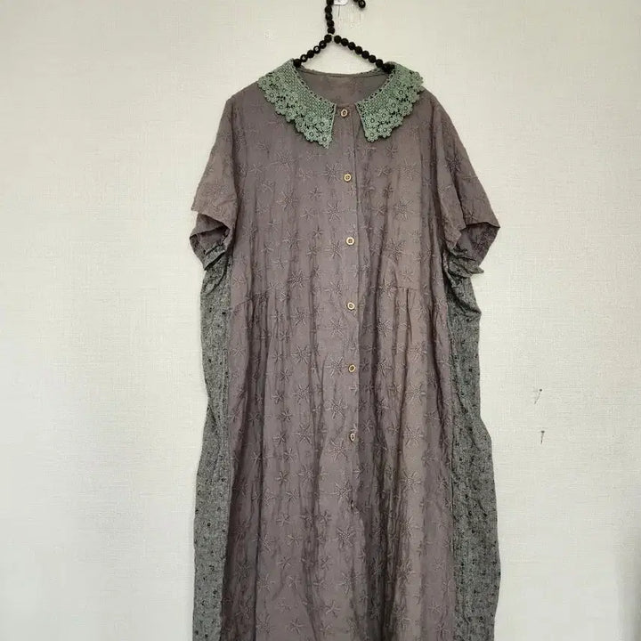 [BUNJANG] Punch Wide Lace Collar Long Dress - Brown / 펀칭와이드레이스 칼라 롱 원피스 브라운
