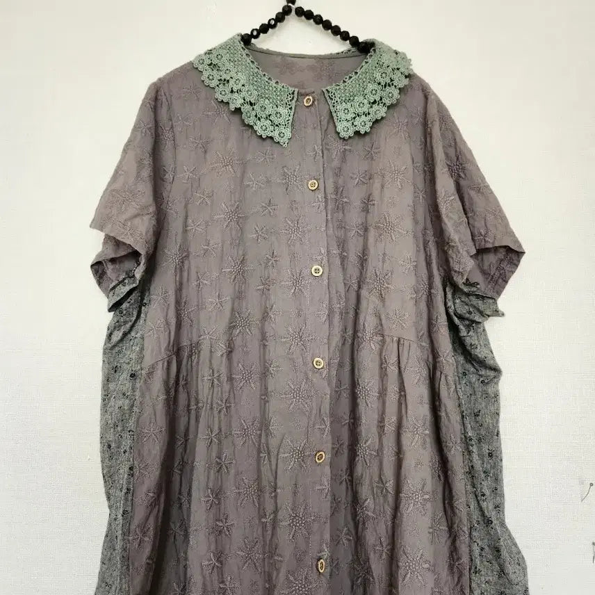 [BUNJANG] Punch Wide Lace Collar Long Dress - Brown / 펀칭와이드레이스 칼라 롱 원피스 브라운