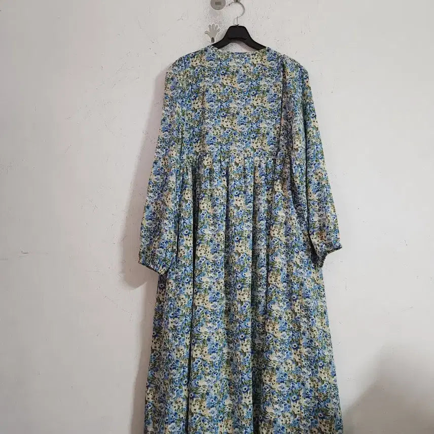 [BUNJANG] Flower Pattern Long Dress - Sky Blue / 플라워 패턴 롱 원피스 하늘색