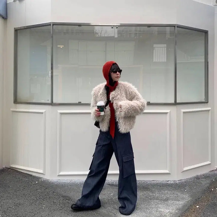 [BUNJANG] Yuze Red Stitch Point Fleece Balaclava Beanie / 유즈 바라클라바 비니