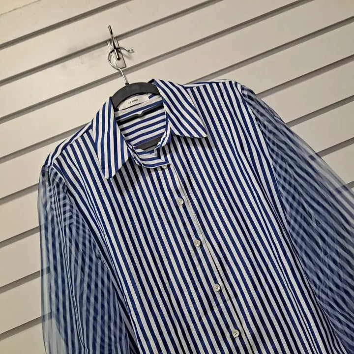 [BUNJANG] Striped Blouse Shirt with Mesh Sleeves / 줄무늬 소매망사 스트라이프 블라우스 셔츠 작88 옷장꾸미기
