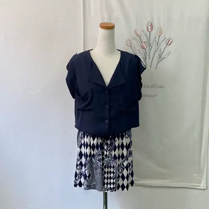 [BUNJANG] Sleeveless Mini Dress with Blouse and Patterned Skirt / 블라우스 + 패턴 미니스커트 민소매 원피스