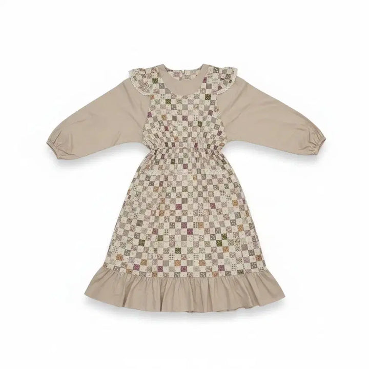 [BUNJANG] Checkered Long Sleeve Layered Dress / 체크 롱 원피스 긴팔 레이어드
