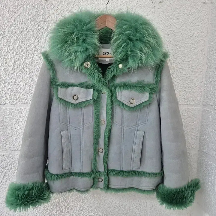 [BUNJANG] OAS2ND2 Sheepskin Leather Racoon Fur Collar Mouton Jacket / 오즈세컨 그린 양가죽 라쿤카라 무스탕